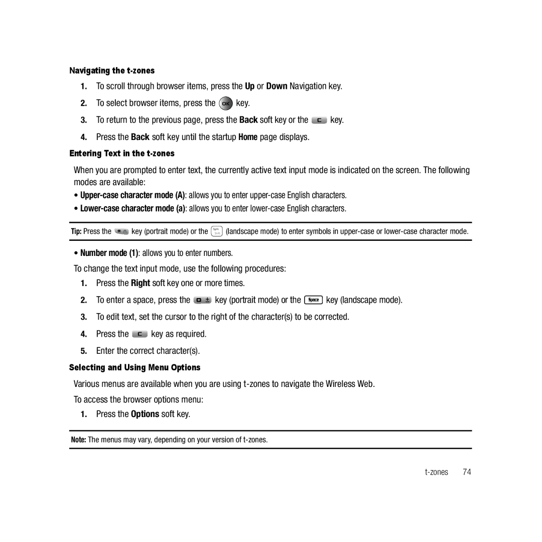 Samsung ebay_SAMSUNGSGHT459WHITETMOBILE, Gravity Series user manual Navigating the t-zones, Entering Text in the t-zones 