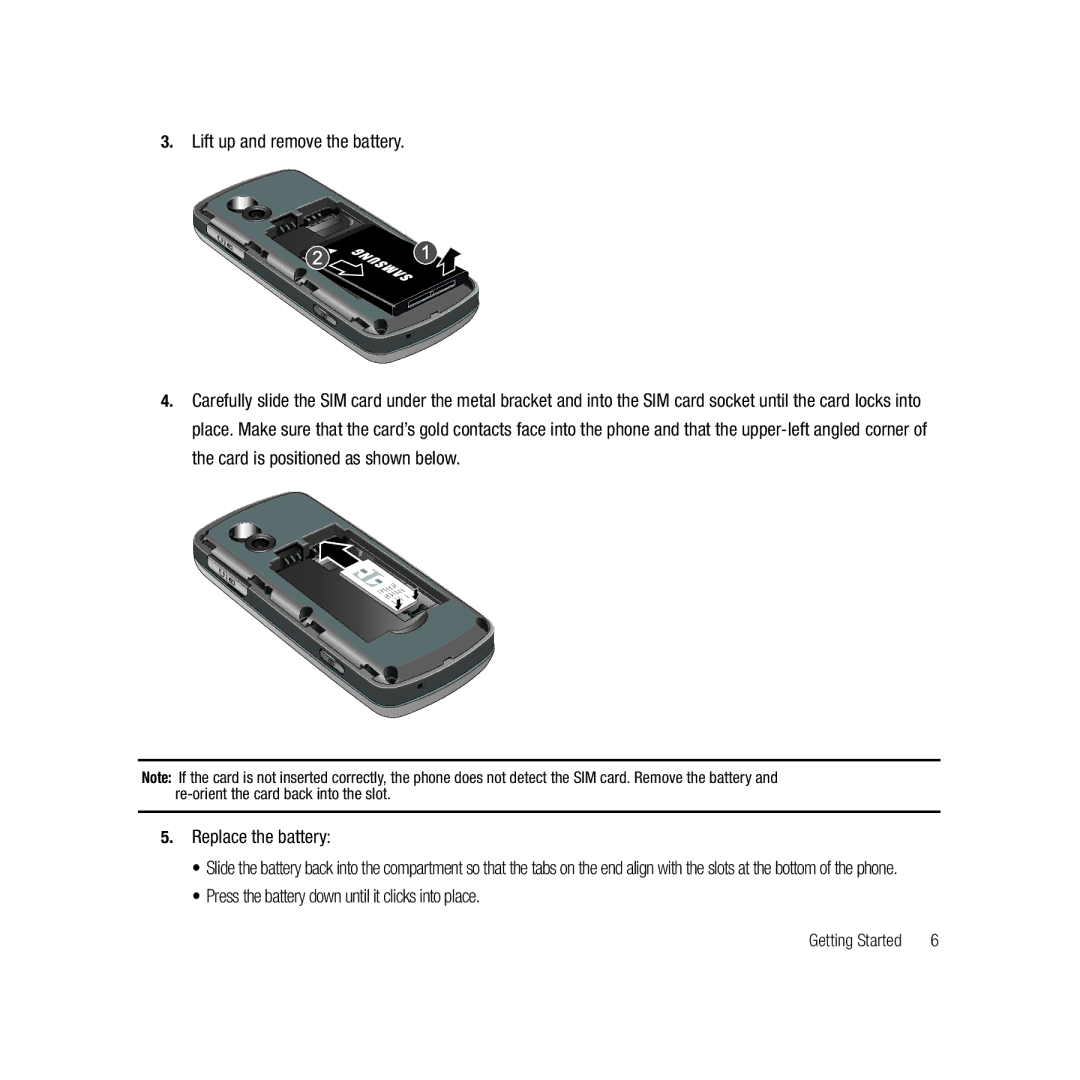 Samsung ebay_SAMSUNGSGHT459WHITETMOBILE, Gravity Series user manual Lift up and remove the battery, Replace the battery 