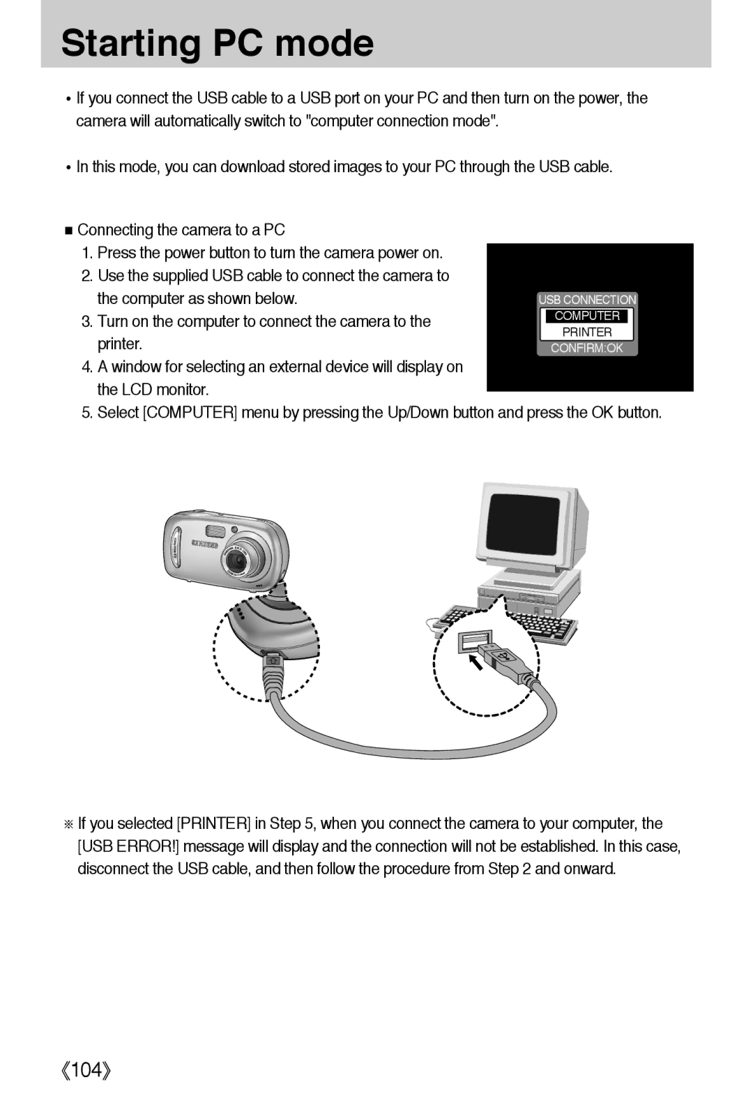 Samsung EC-A40ZZSAA, EC-A40ZZSBA/FR, EC-A40ZZSBA/DE, EC-A40ZZSBA/E1 manual Starting PC mode 