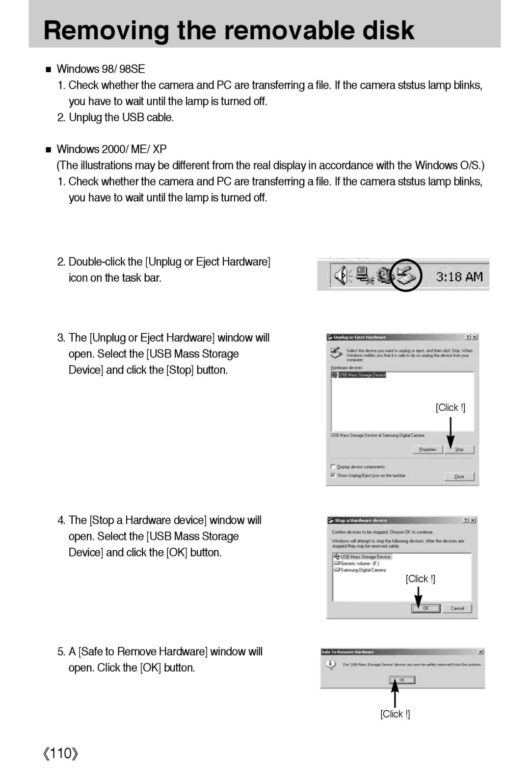 Samsung EC-A40ZZSBA/DE, EC-A40ZZSAA, EC-A40ZZSBA/FR, EC-A40ZZSBA/E1 manual Removing the removable disk 