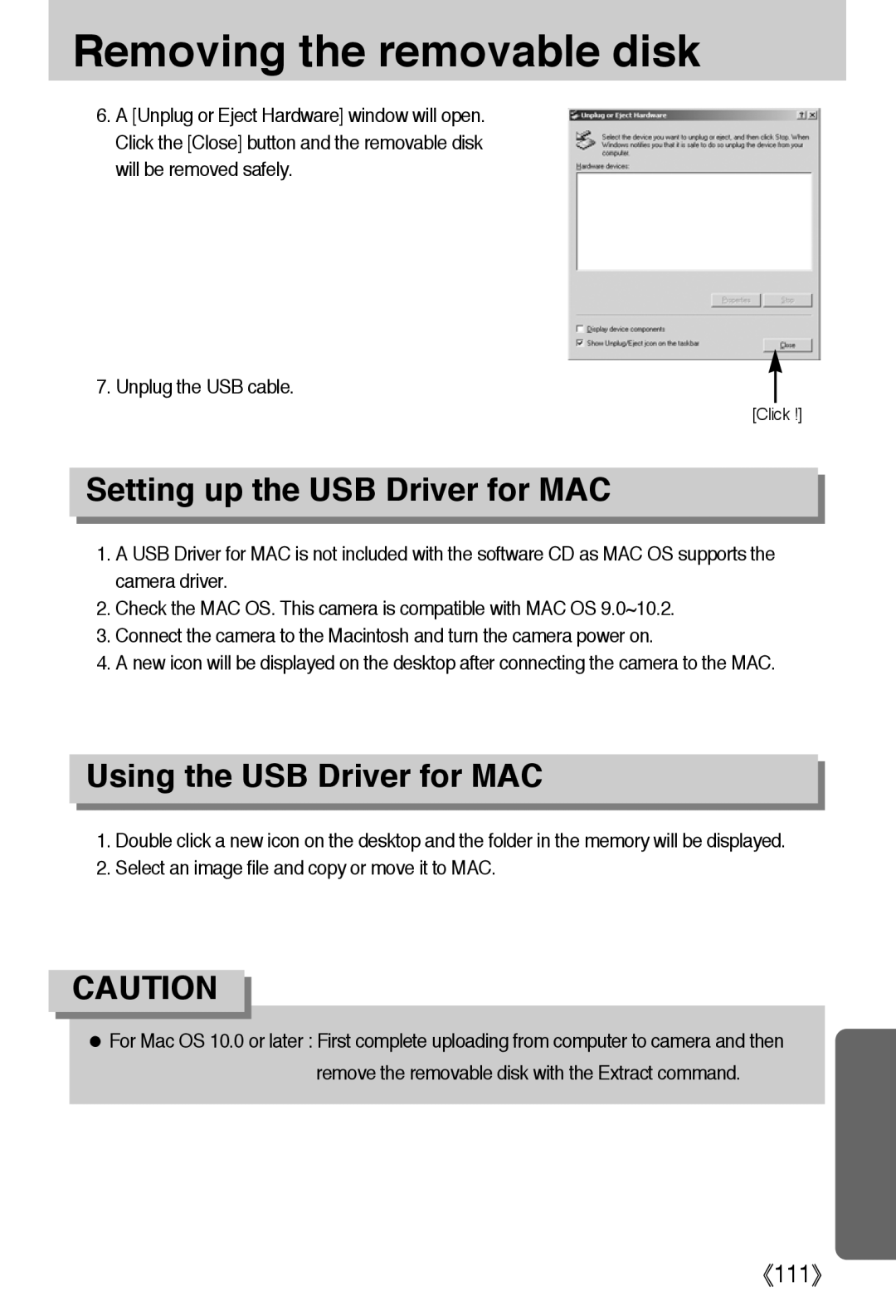 Samsung EC-A40ZZSBA/E1, EC-A40ZZSAA, EC-A40ZZSBA/FR manual Setting up the USB Driver for MAC, Using the USB Driver for MAC 