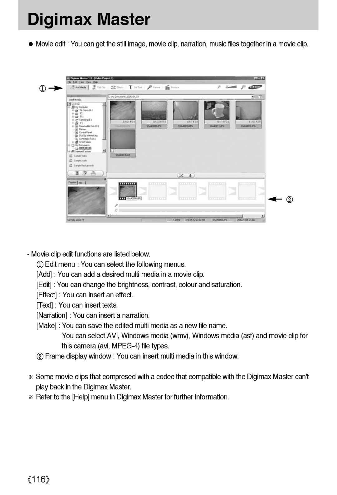 Samsung EC-A40ZZSAA, EC-A40ZZSBA/FR, EC-A40ZZSBA/DE, EC-A40ZZSBA/E1 manual Movie clip edit functions are listed below 