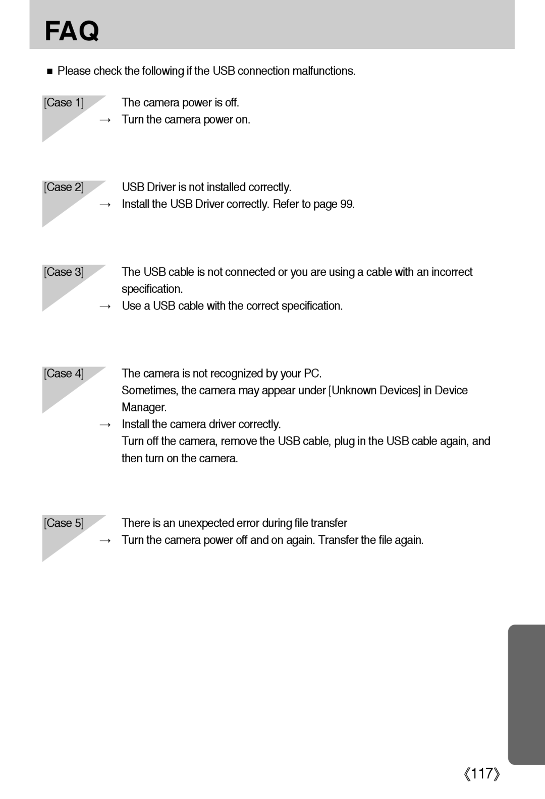 Samsung EC-A40ZZSBA/FR Case USB Driver is not installed correctly, Specification, Case Camera is not recognized by your PC 