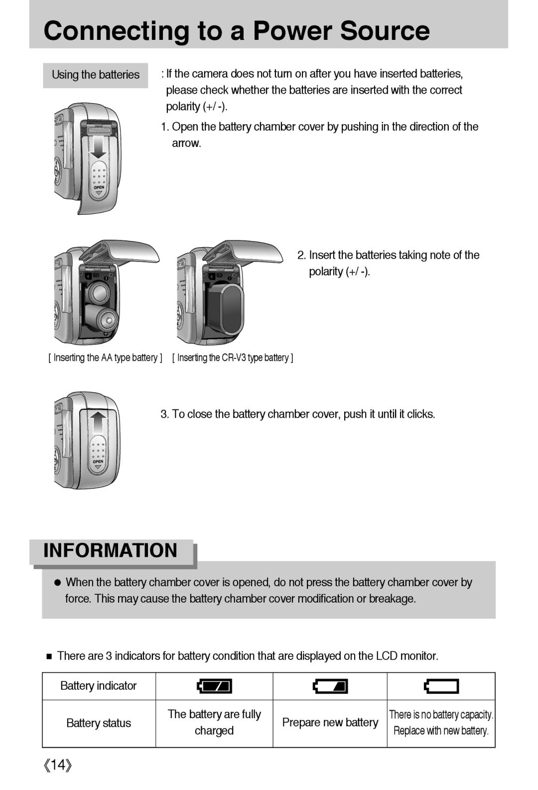 Samsung EC-A40ZZSBA/DE, EC-A40ZZSAA, EC-A40ZZSBA/FR Polarity +, To close the battery chamber cover, push it until it clicks 