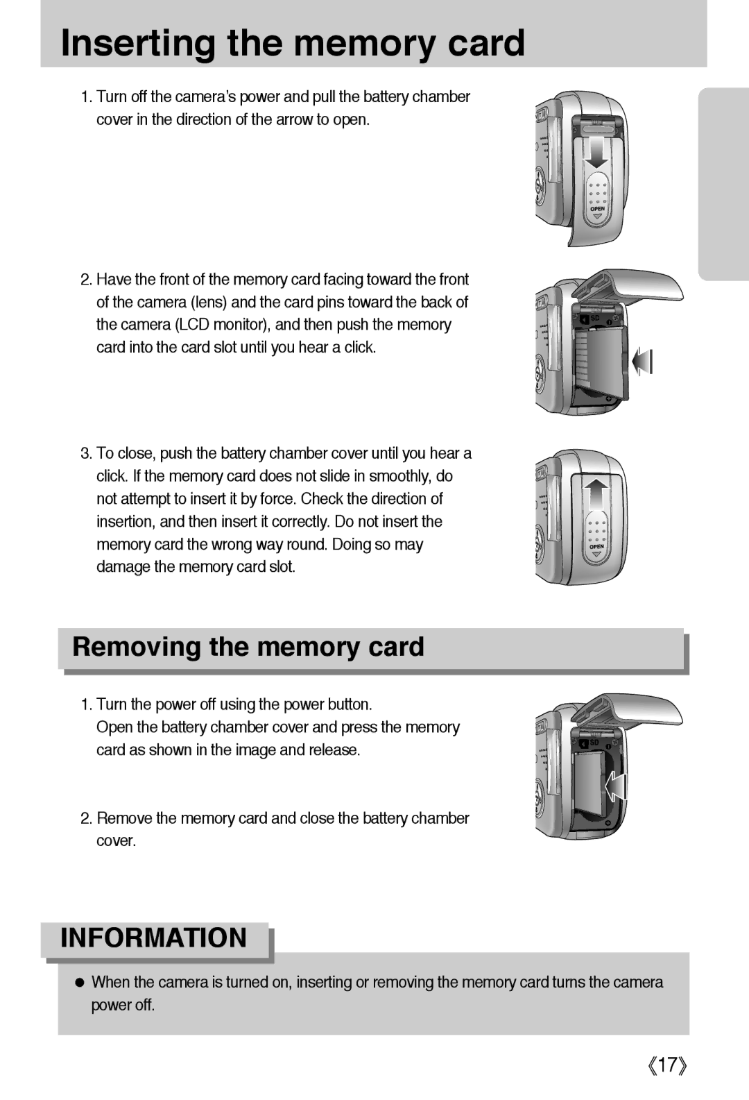 Samsung EC-A40ZZSBA/FR, EC-A40ZZSAA, EC-A40ZZSBA/DE, EC-A40ZZSBA/E1 manual Inserting the memory card, Removing the memory card 