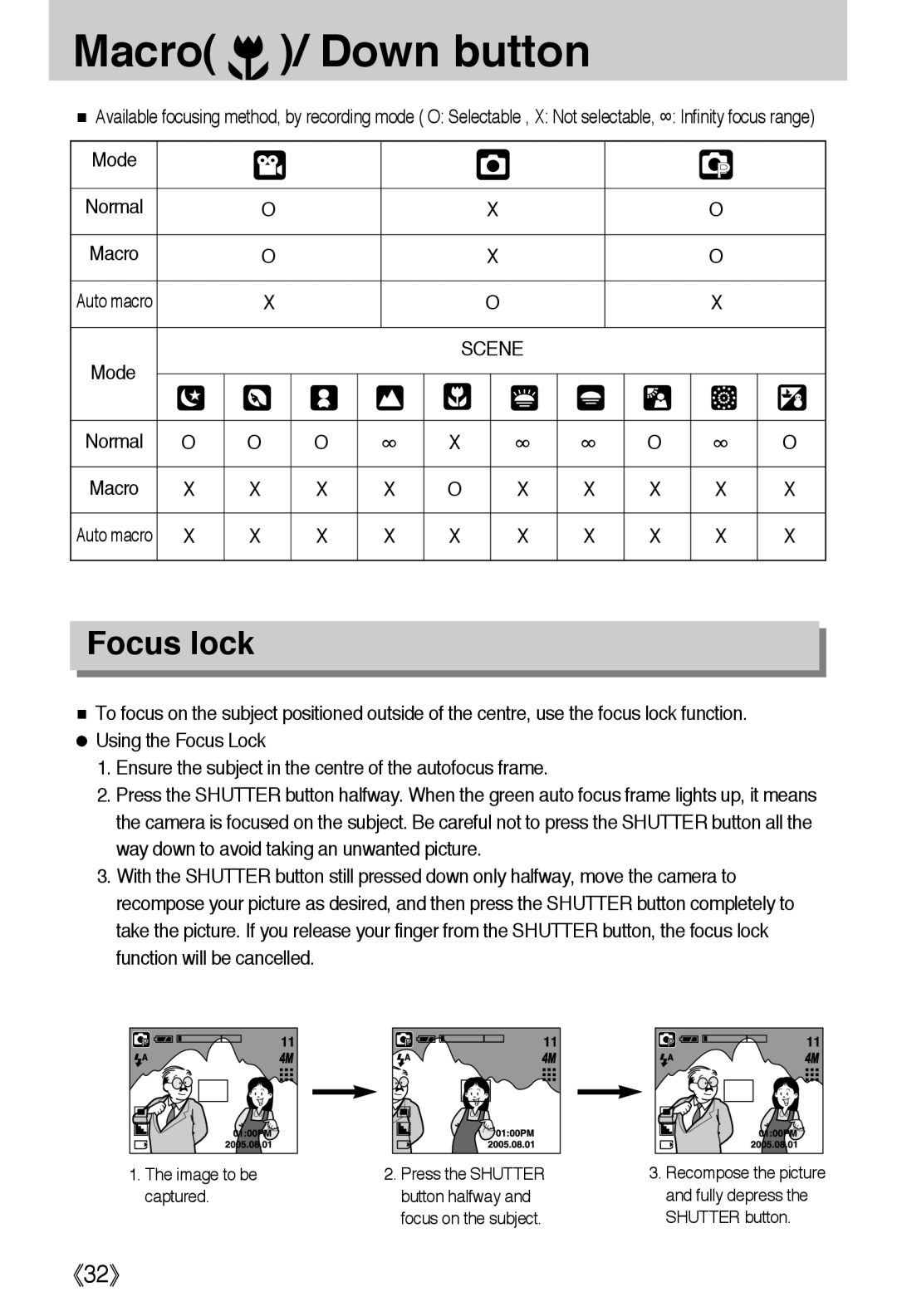 Samsung EC-A40ZZSAA, EC-A40ZZSBA/FR, EC-A40ZZSBA/DE, EC-A40ZZSBA/E1 manual Focus lock, Scene 