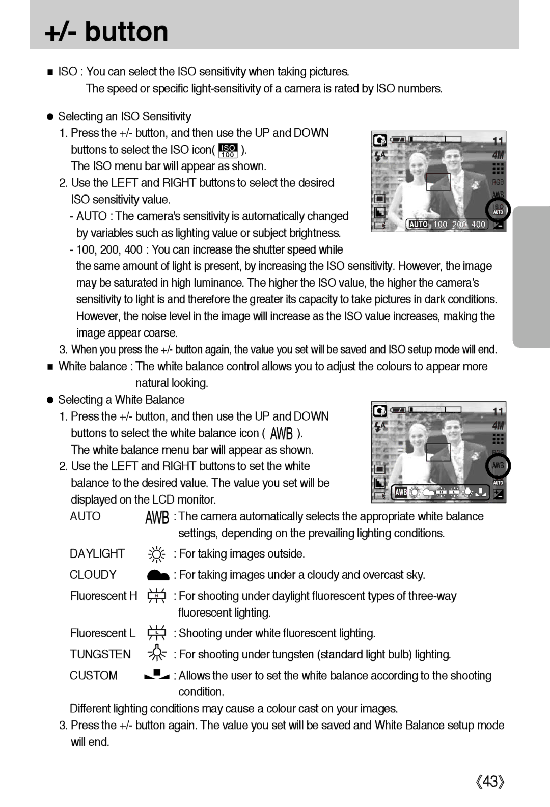 Samsung EC-A40ZZSBA/E1, EC-A40ZZSAA, EC-A40ZZSBA/FR, EC-A40ZZSBA/DE manual Auto, Daylight, Cloudy, Tungsten 