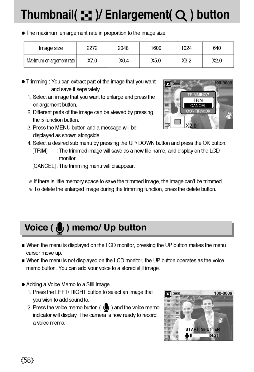 Samsung EC-A40ZZSBA/DE, EC-A40ZZSAA, EC-A40ZZSBA/FR Voice memo/ Up button, X6.4, Save it separately, Enlargement button 