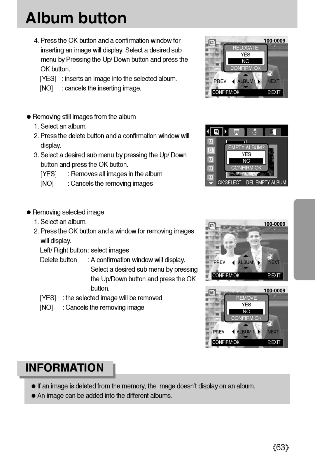 Samsung EC-A40ZZSBA/E1 manual Yes, Cancels the inserting image, Selected image will be removed, Cancels the removing image 