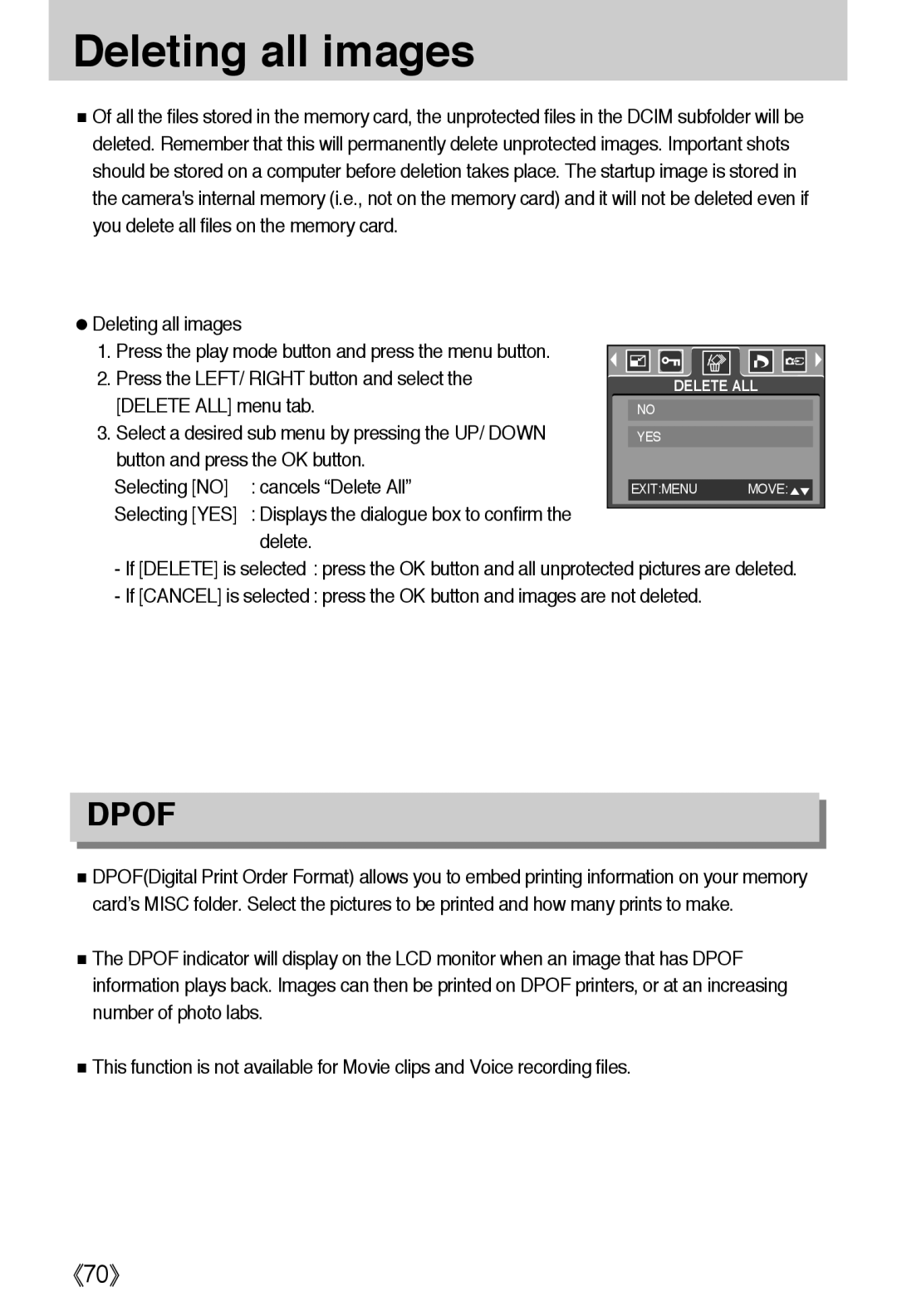 Samsung EC-A40ZZSBA/DE, EC-A40ZZSAA, EC-A40ZZSBA/FR manual Deleting all images, Press the LEFT/ Right button and select 