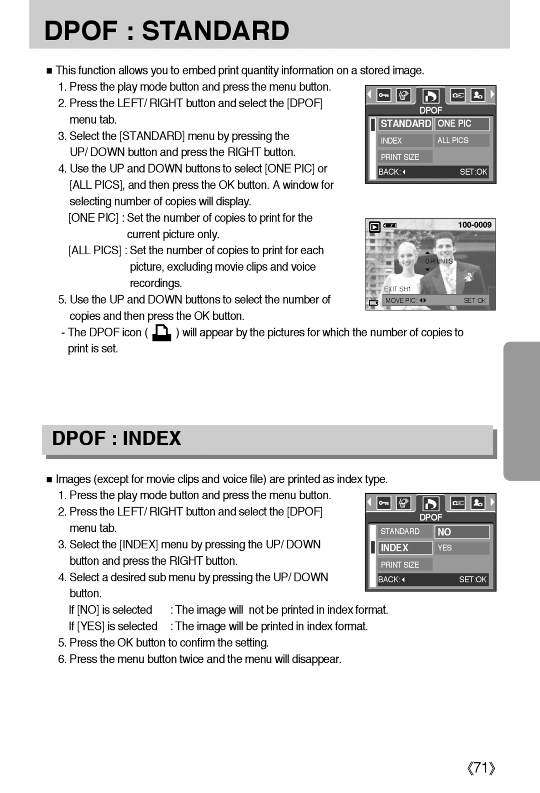 Samsung EC-A40ZZSBA/E1 Press the LEFT/ Right button and select the Dpof, Select the Standard menu by pressing, Recordings 