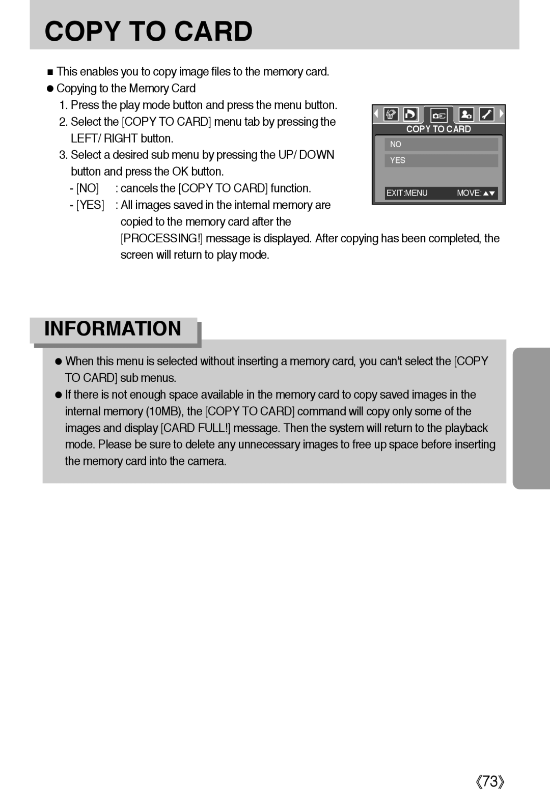 Samsung EC-A40ZZSBA/FR, EC-A40ZZSAA, EC-A40ZZSBA/DE, EC-A40ZZSBA/E1 LEFT/ Right button, Cancels the Copy to Card function 