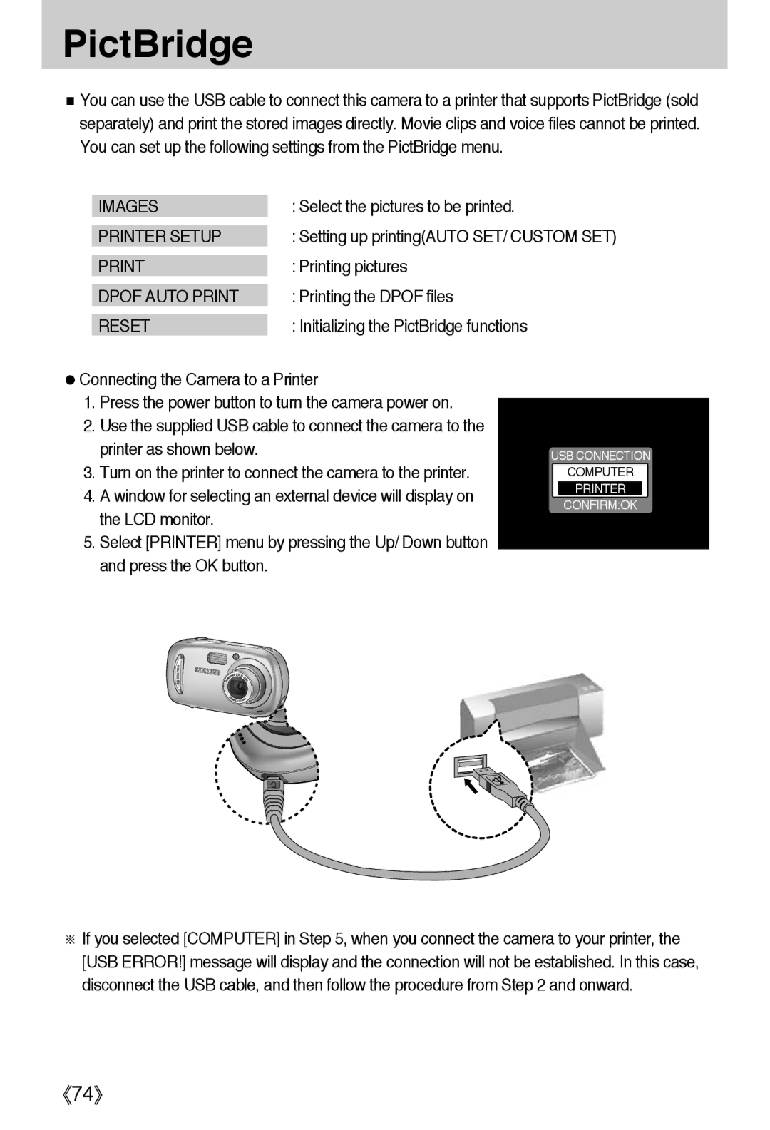 Samsung EC-A40ZZSBA/DE, EC-A40ZZSAA, EC-A40ZZSBA/FR, EC-A40ZZSBA/E1 manual PictBridge, Images, Printer Setup, Dpof Auto Print 