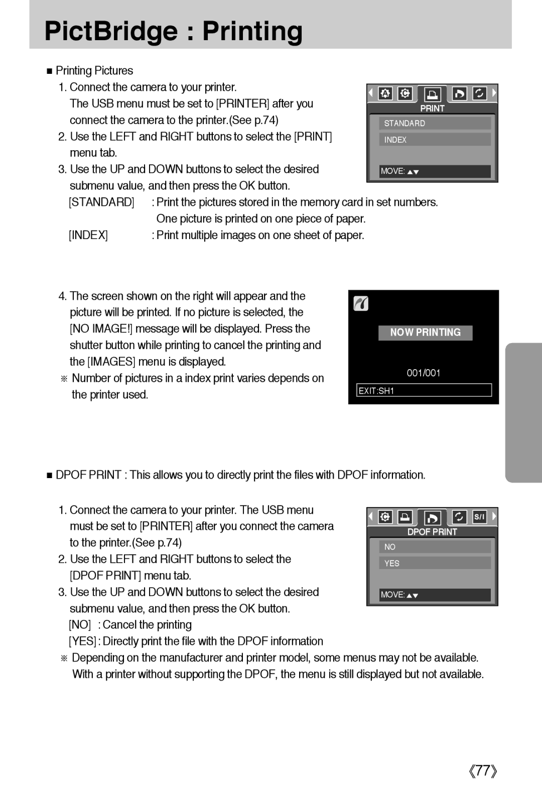 Samsung EC-A40ZZSBA/FR, EC-A40ZZSAA manual PictBridge Printing, Connect the camera to the printer.See p.74, Standard 