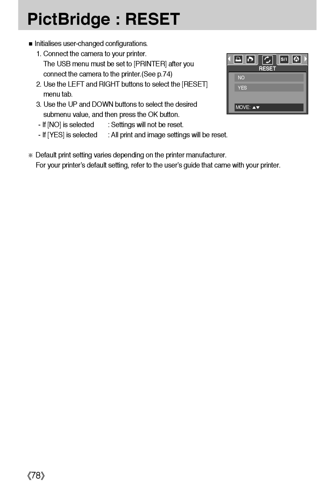 Samsung EC-A40ZZSBA/DE, EC-A40ZZSAA manual PictBridge Reset, Use the Left and Right buttons to select the Reset menu tab 