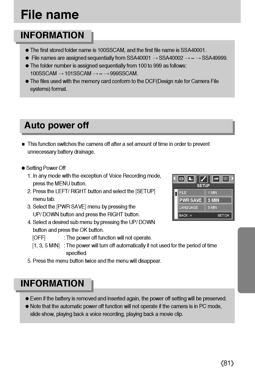 Samsung EC-A40ZZSBA/FR, EC-A40ZZSAA manual File name, Auto power off, Power off function will not operate, 5 MIN, Specified 