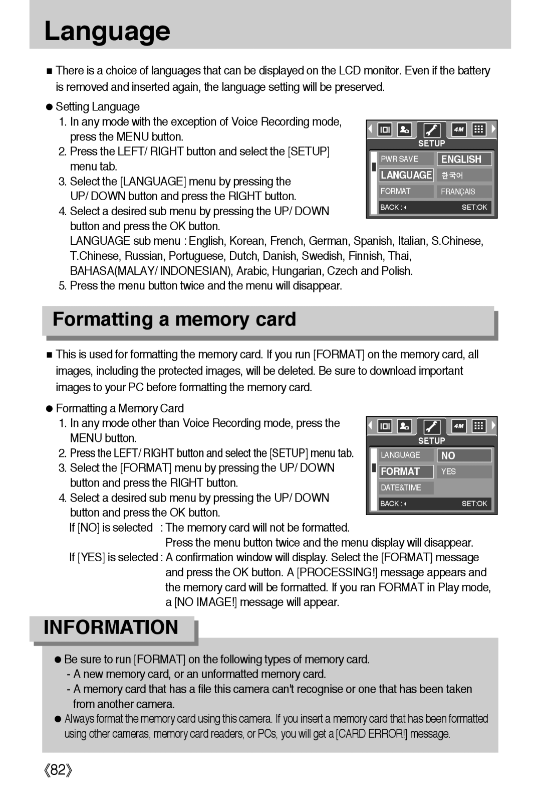 Samsung EC-A40ZZSBA/DE Formatting a memory card, Select the Language menu by pressing, No IMAGE! message will appear 