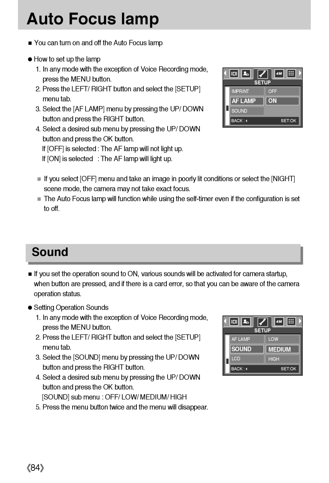 Samsung EC-A40ZZSAA, EC-A40ZZSBA/FR, EC-A40ZZSBA/DE, EC-A40ZZSBA/E1 manual Auto Focus lamp, Sound 