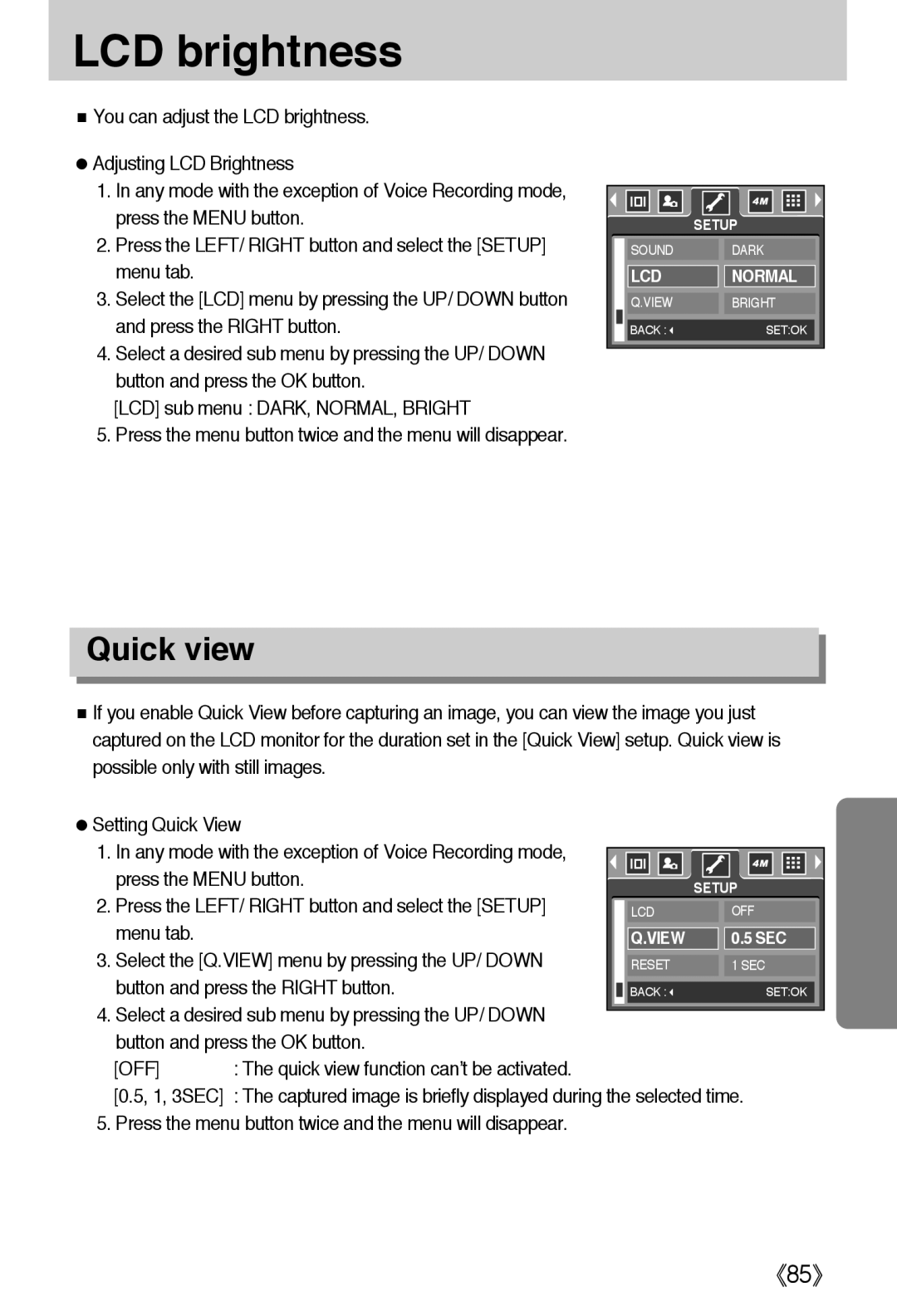 Samsung EC-A40ZZSBA/FR, EC-A40ZZSAA, EC-A40ZZSBA/DE, EC-A40ZZSBA/E1 manual LCD brightness, Quick view 