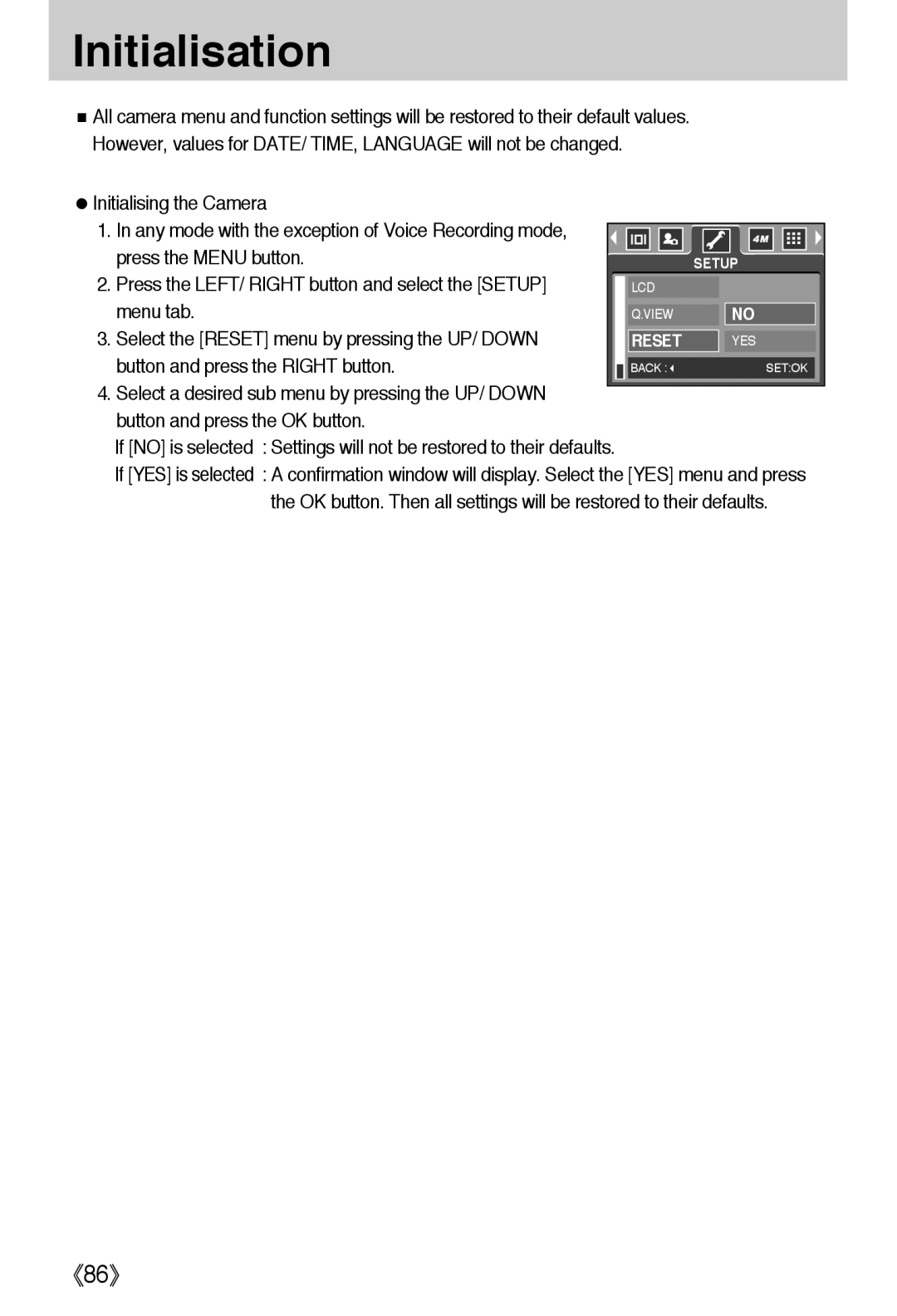 Samsung EC-A40ZZSBA/DE manual Initialisation, Initialising the Camera, Select the Reset menu by pressing the UP/ Down 