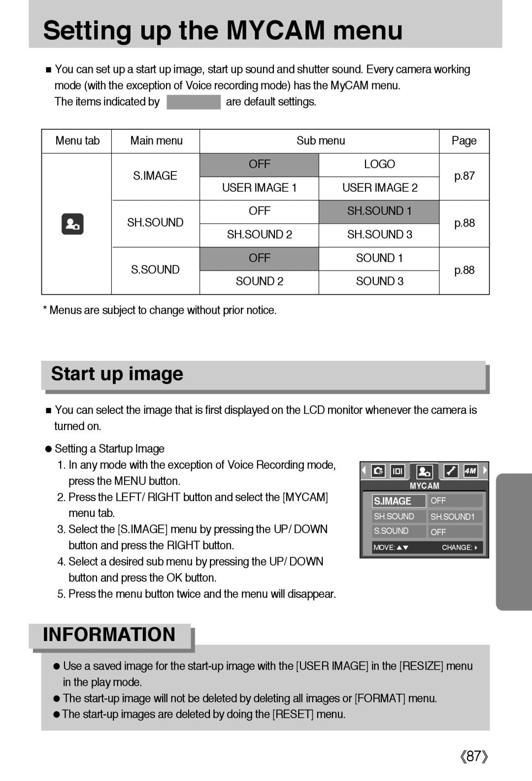 Samsung EC-A40ZZSBA/E1 manual Setting up the Mycam menu, Start up image, Menus are subject to change without prior notice 