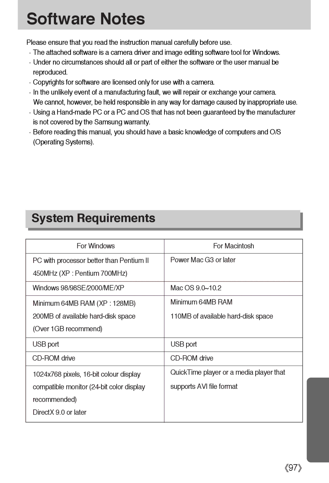 Samsung EC-A40ZZSBA/FR, EC-A40ZZSAA, EC-A40ZZSBA/DE, EC-A40ZZSBA/E1 manual Software Notes, System Requirements 