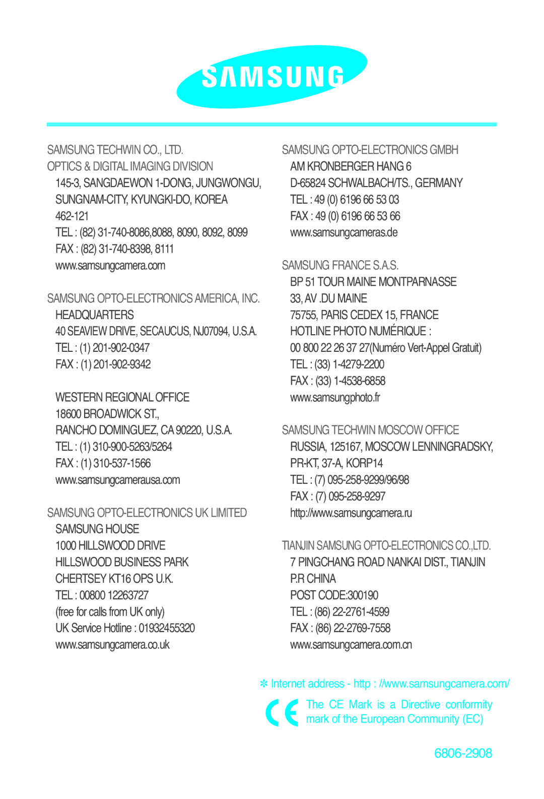 Samsung EC-A40ZZSAA, EC-A40ZZSBA/FR, EC-A40ZZSBA/DE, EC-A40ZZSBA/E1 manual 6806-2908 