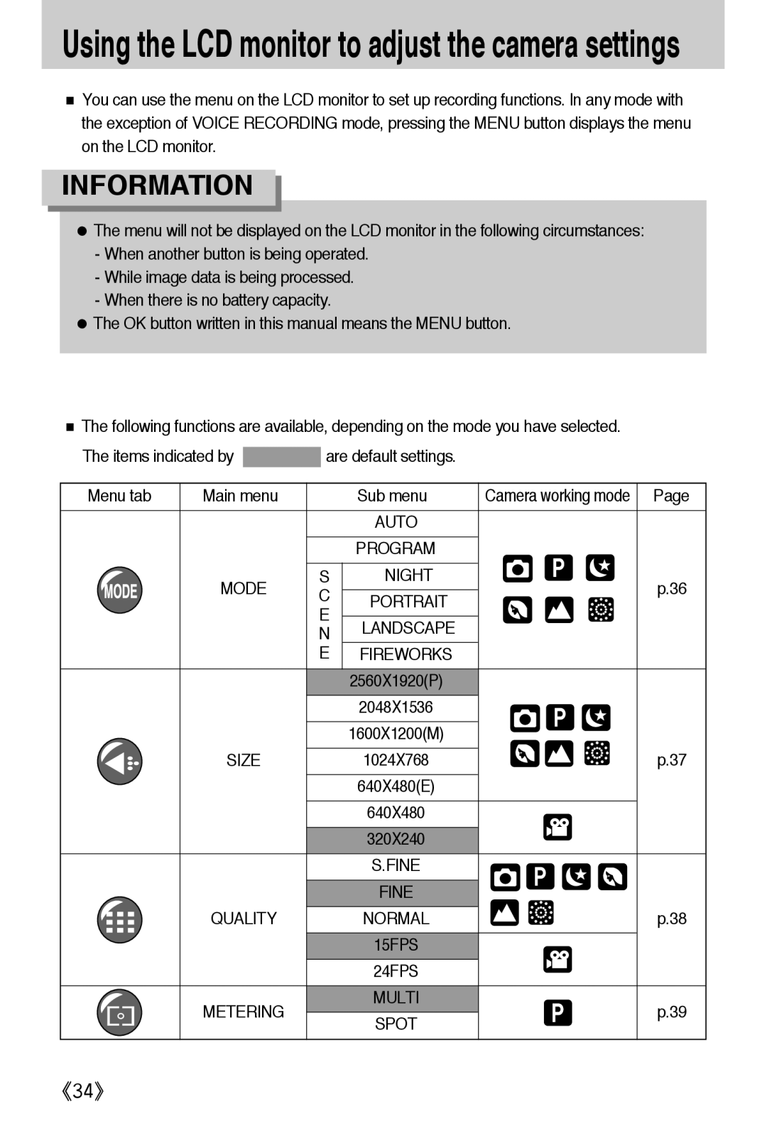 Samsung EC-A502ZBBA/E1, EC-A502ZSBA/E1, EC-A502ZRBA/E1 manual Using the LCD monitor to adjust the camera settings 