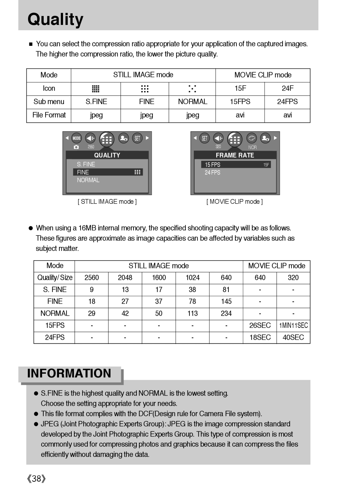 Samsung EC-A502ZRBA/E1, EC-A502ZSBA/E1, EC-A502ZBBA/E1 manual Quality, Still Image mode Movie Clip mode, Jpeg, Avi 