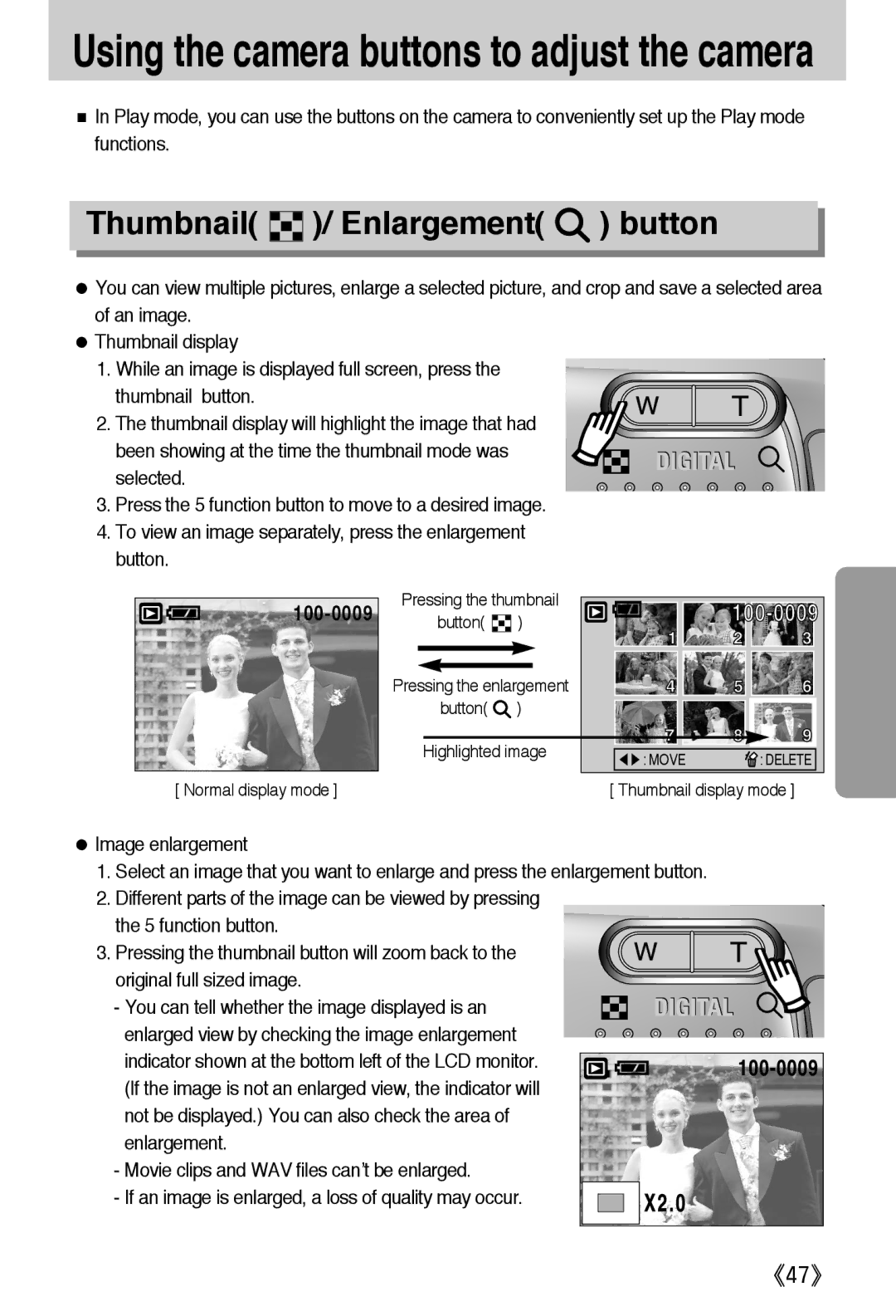 Samsung EC-A502ZRBA/E1, EC-A502ZSBA/E1, EC-A502ZBBA/E1 manual Thumbnail / Enlargement button, 100-0009 