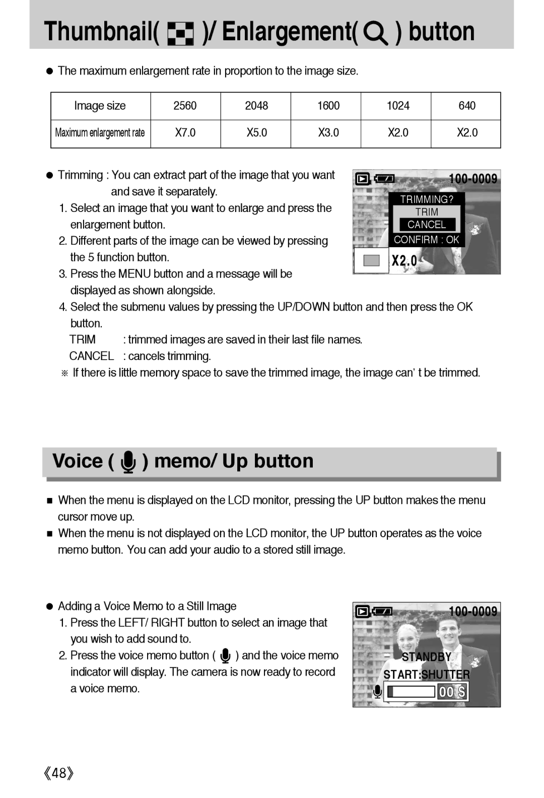 Samsung EC-A502ZSBA/E1, EC-A502ZBBA/E1, EC-A502ZRBA/E1 manual Voice memo/ Up button, Trim, Cancels trimming 