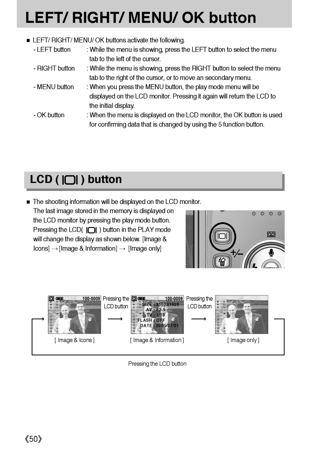 Samsung EC-A502ZRBA/E1, EC-A502ZSBA/E1, EC-A502ZBBA/E1 manual LEFT/ RIGHT/ MENU/ OK button 