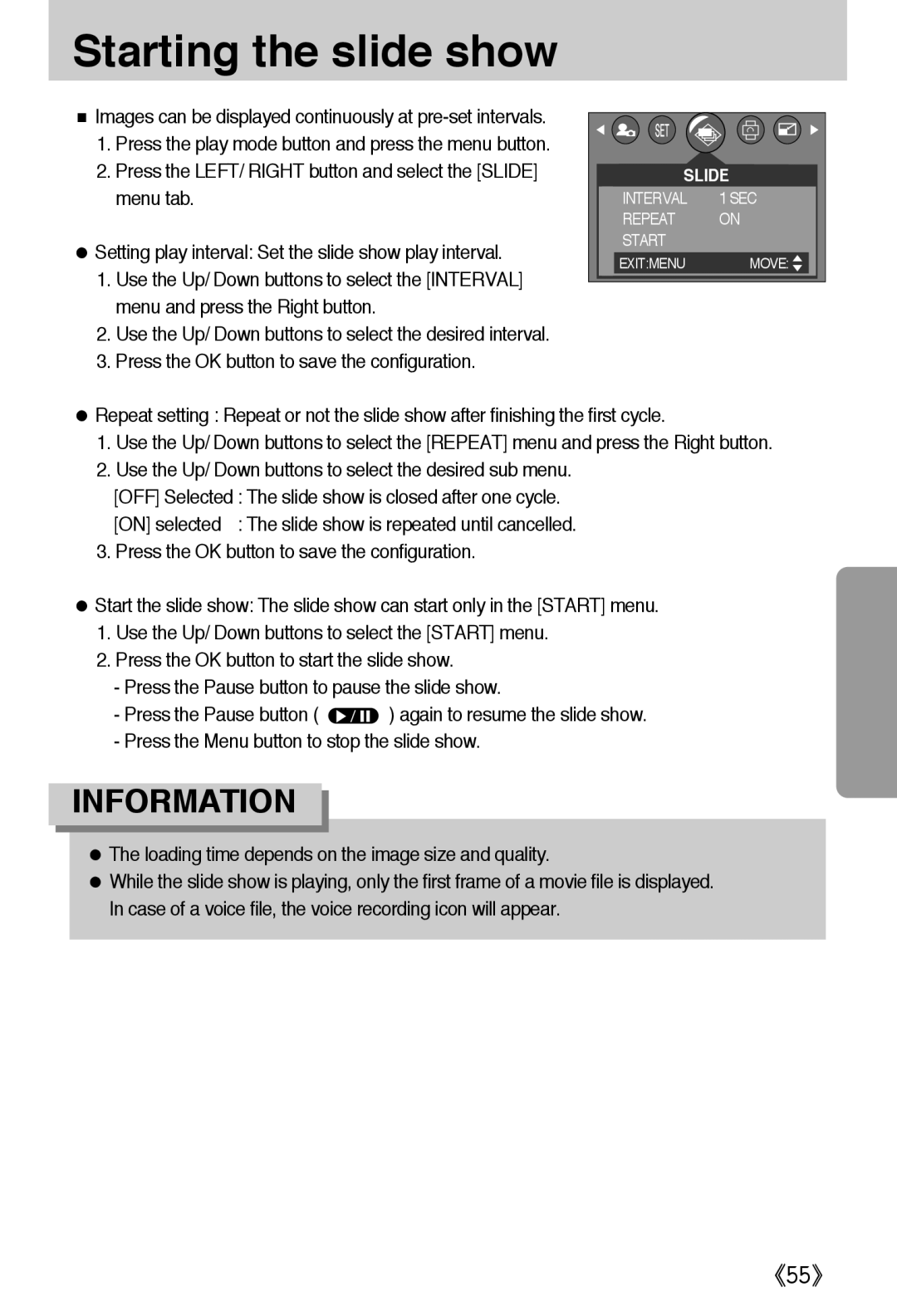 Samsung EC-A502ZBBA/E1, EC-A502ZSBA/E1 manual Starting the slide show, Press the OK button to save the configuration 