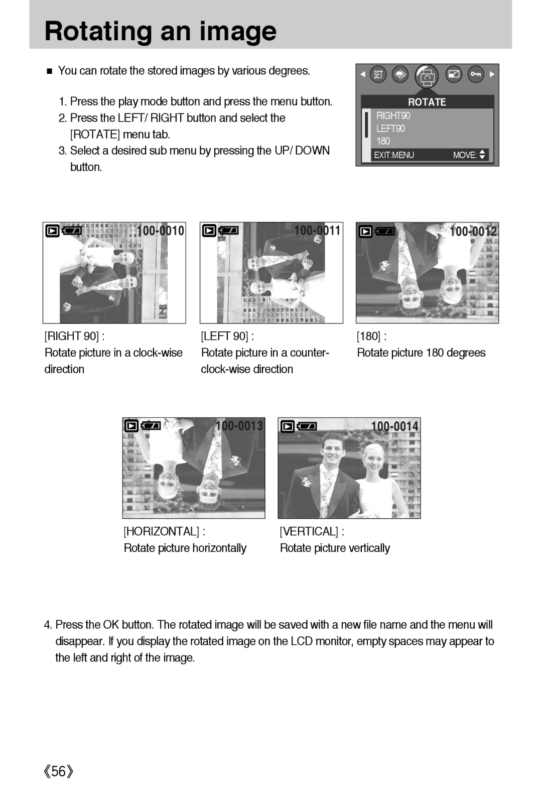 Samsung EC-A502ZRBA/E1, EC-A502ZSBA/E1, EC-A502ZBBA/E1 manual Rotating an image, Horizontal, Vertical 