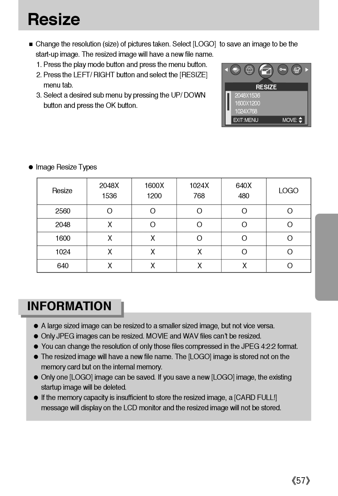 Samsung EC-A502ZSBA/E1, EC-A502ZBBA/E1 manual Image Resize Types 2048X 1600X 1024X 640X, Logo, 1536 1200 768 480 