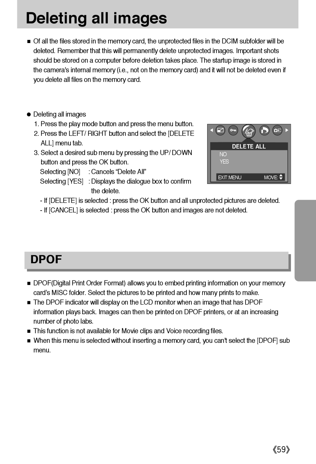 Samsung EC-A502ZRBA/E1 Deleting all images, ALL menu tab, Button and press the OK button, Selecting no Cancels Delete All 