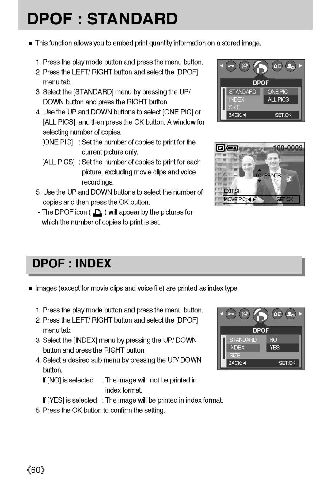 Samsung EC-A502ZSBA/E1 manual Press the LEFT/ Right button and select the Dpof menu tab, Current picture only, Recordings 