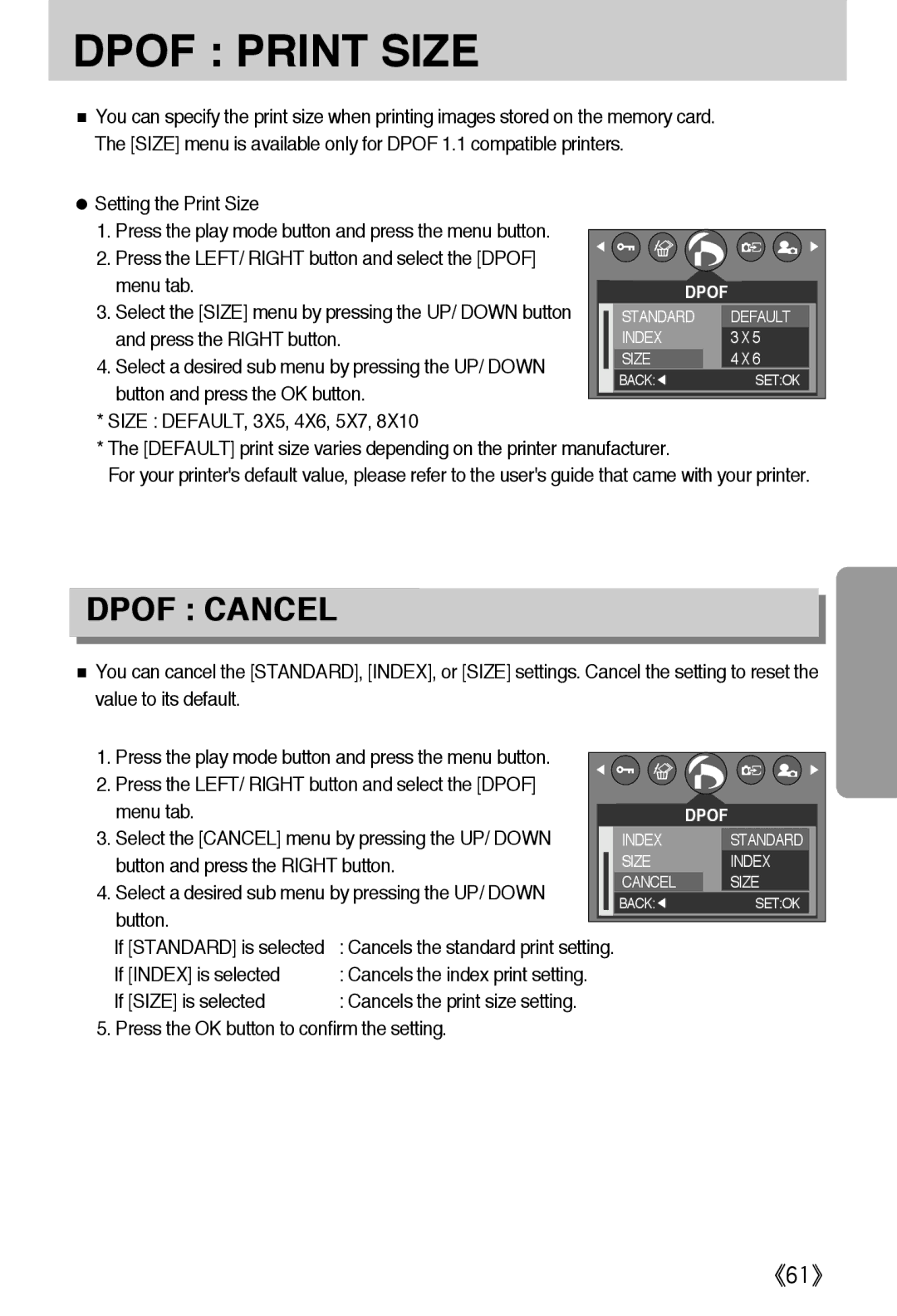 Samsung EC-A502ZBBA/E1 manual Setting the Print Size, Select the Cancel menu by pressing the UP/ Down, If Index is selected 