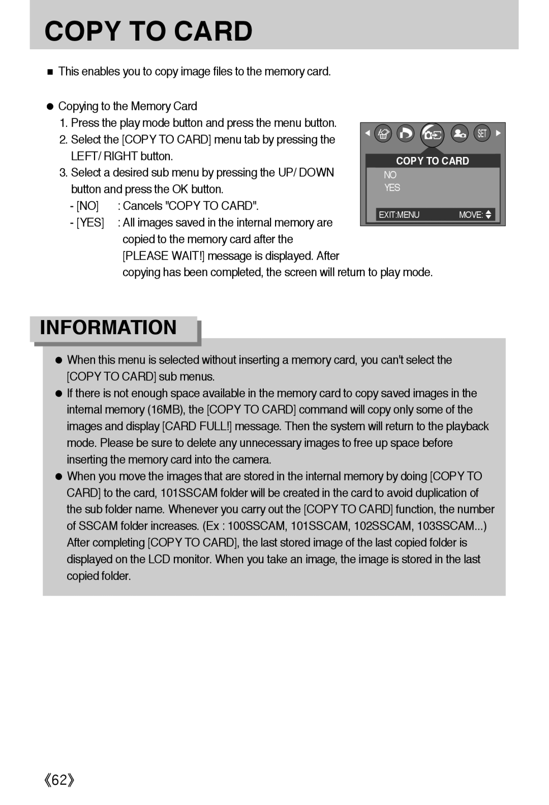 Samsung EC-A502ZRBA/E1 manual LEFT/ Right button, Cancels Copy to Card, YES All images saved in the internal memory are 