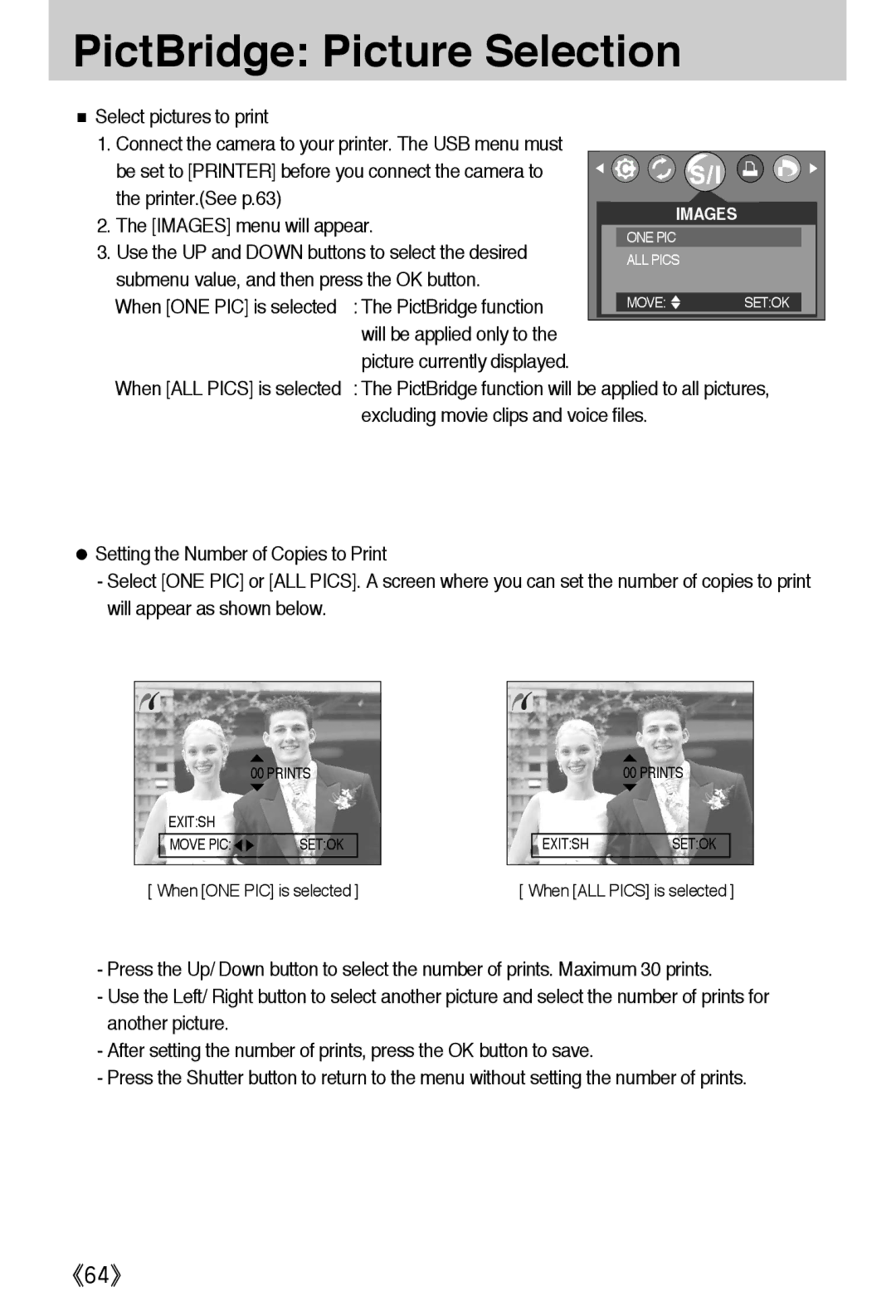 Samsung EC-A502ZBBA/E1, EC-A502ZSBA/E1, EC-A502ZRBA/E1 manual PictBridge Picture Selection 