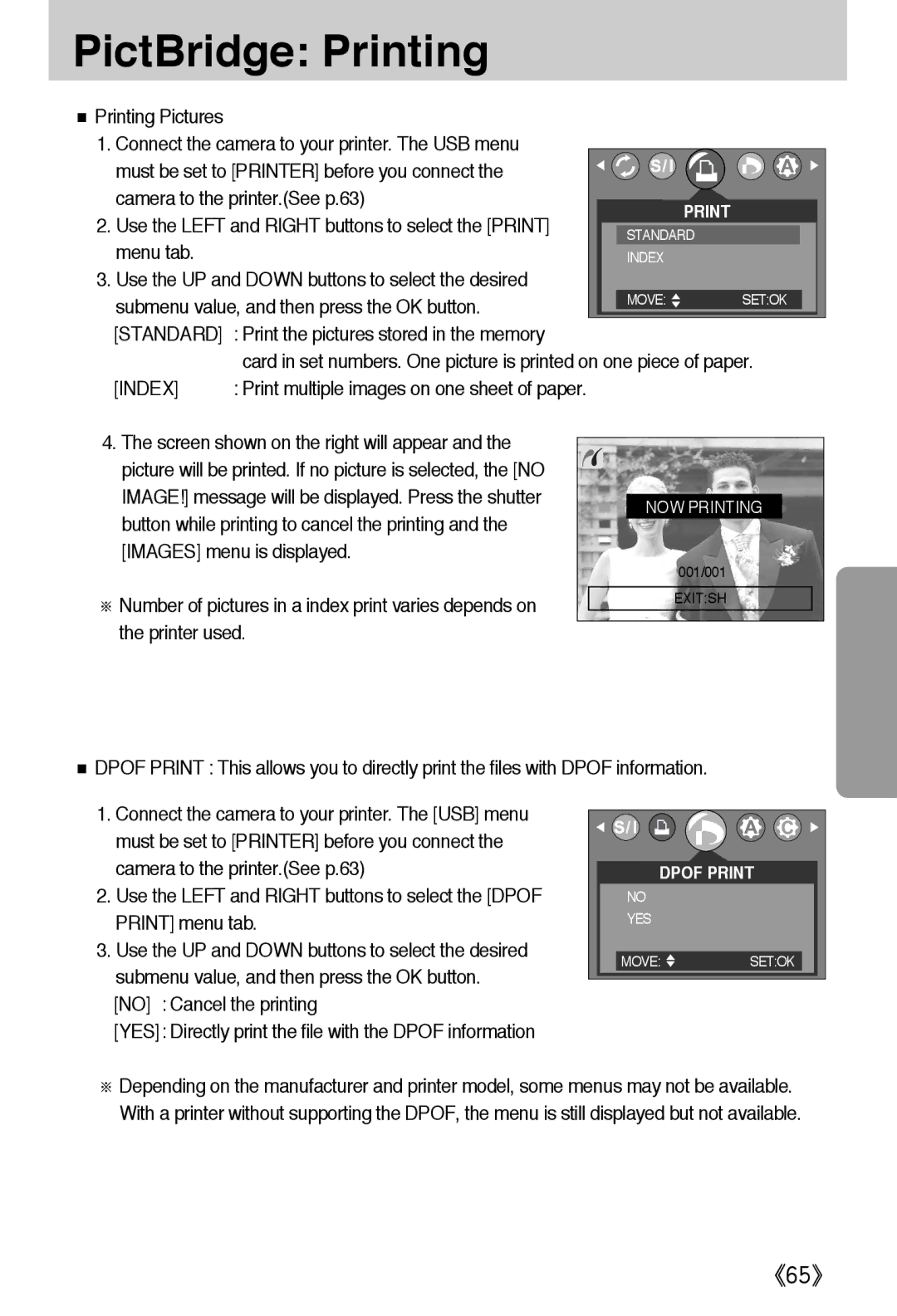 Samsung EC-A502ZRBA/E1, EC-A502ZSBA/E1 manual PictBridge Printing, Standard, Print the pictures stored in the memory 