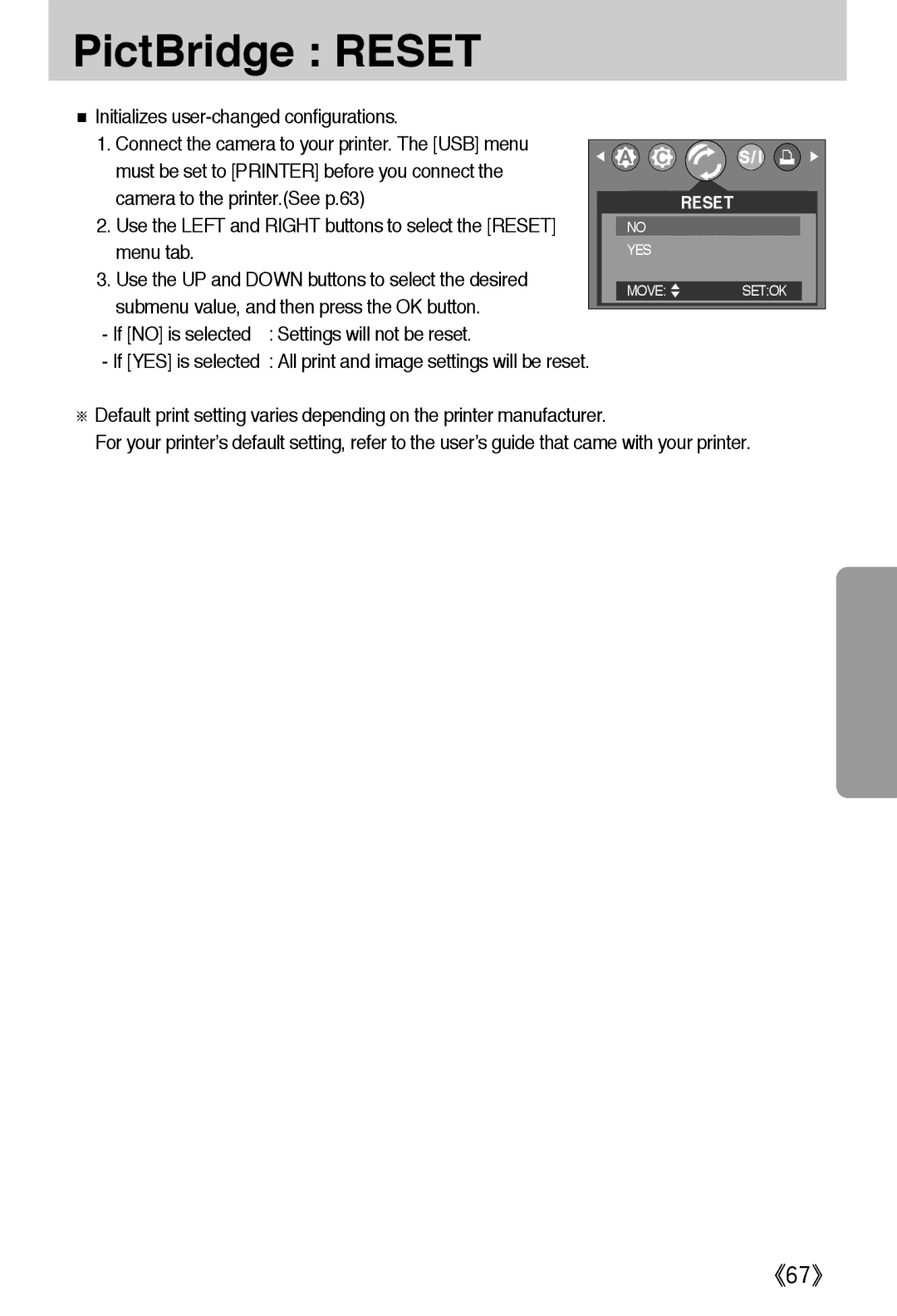 Samsung EC-A502ZBBA/E1, EC-A502ZSBA/E1, EC-A502ZRBA/E1 manual PictBridge Reset 