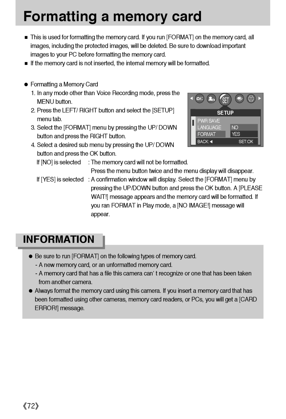 Samsung EC-A502ZSBA/E1, EC-A502ZBBA/E1 manual Formatting a memory card, Button and press the OK button If no is selected 