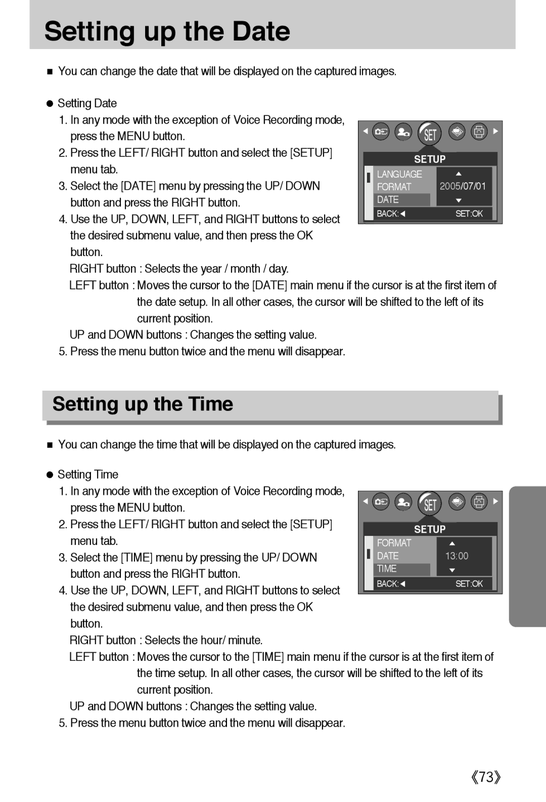 Samsung EC-A502ZBBA/E1 manual Setting up the Date, Setting up the Time, Select the Date menu by pressing the UP/ Down 