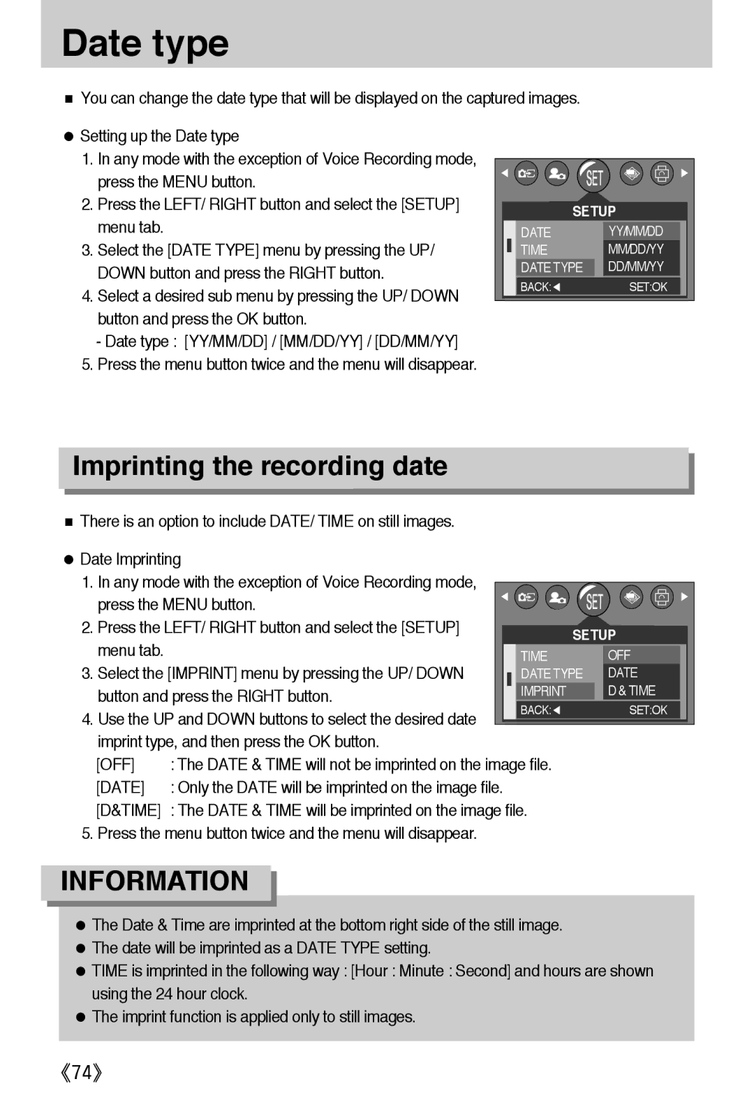 Samsung EC-A502ZRBA/E1 manual Date type, Imprinting the recording date, Imprint type, and then press the OK button 