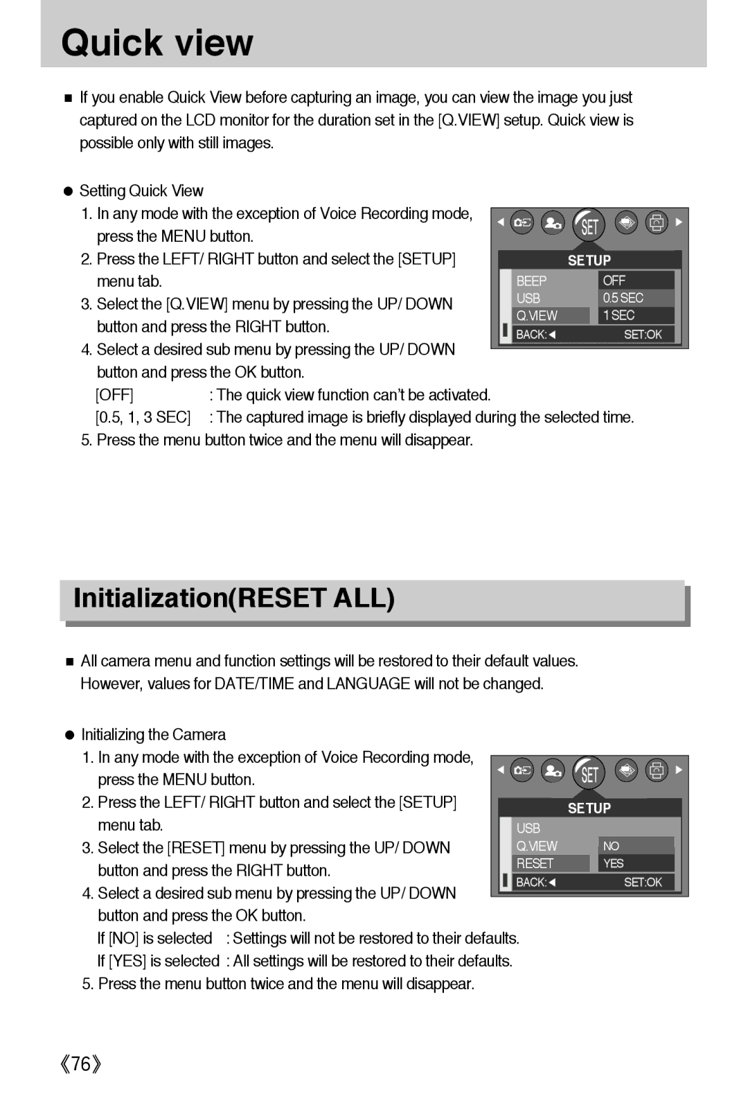 Samsung EC-A502ZBBA/E1, EC-A502ZSBA/E1 manual InitializationRESET ALL, Quick view function can’t be activated, 1, 3 SEC 