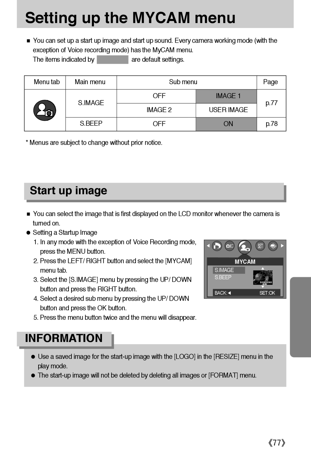 Samsung EC-A502ZRBA/E1 manual Setting up the Mycam menu, Start up image, Beep OFF, Turned on Setting a Startup Image 