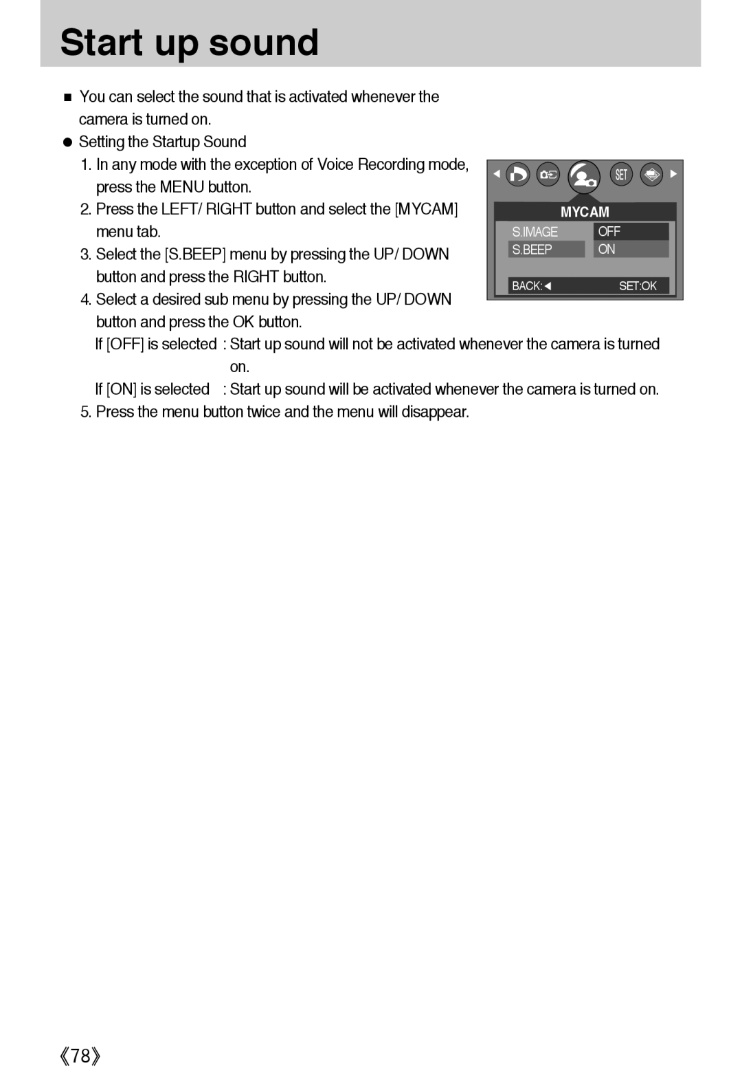 Samsung EC-A502ZSBA/E1, EC-A502ZBBA/E1, EC-A502ZRBA/E1 manual Start up sound, Select the S.BEEP menu by pressing the UP/ Down 