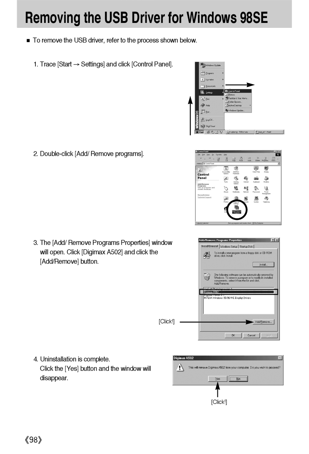 Samsung EC-A502ZRBA/E1, EC-A502ZSBA/E1, EC-A502ZBBA/E1 manual Removing the USB Driver for Windows 98SE 