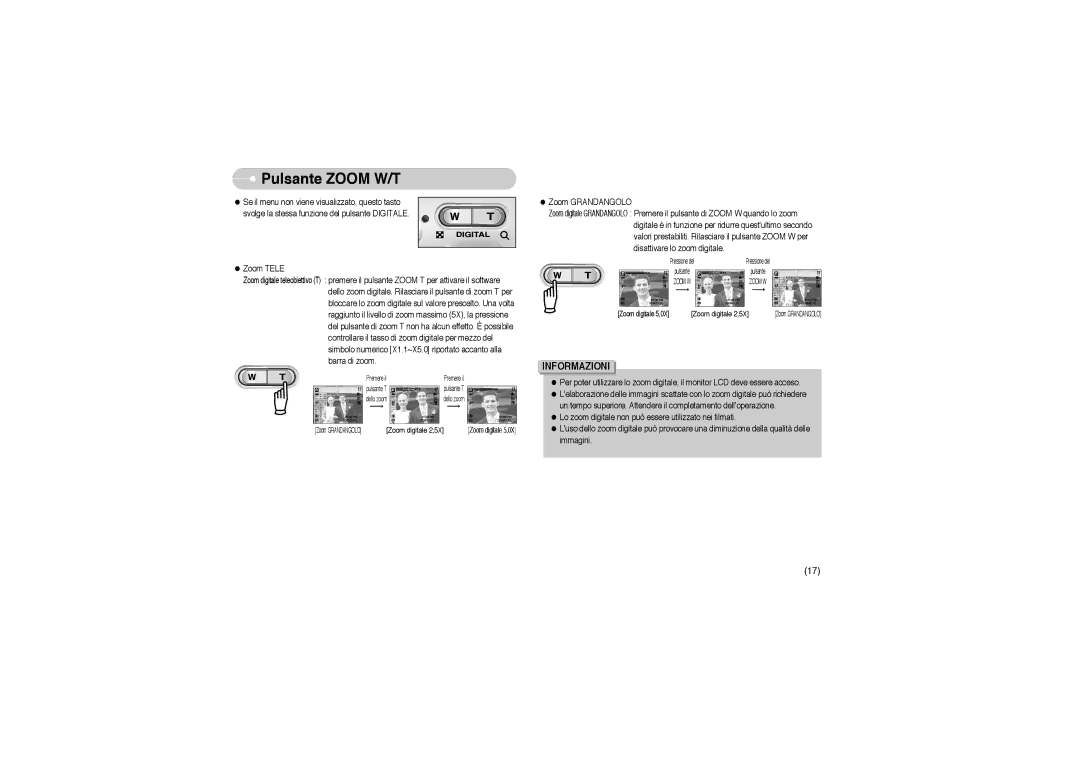 Samsung EC-A503ZRBA/PT, EC-A503ZBBA/E1, EC-A503ZSBA/E1 manual Pulsante Zoom W/T 